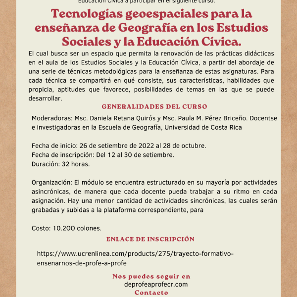 Curso: Tecnologías geoespaciales para la enseñanza de Geografía en los Estudios Sociales y la Educación Cívica